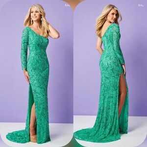 Rachel Allan Emerald One Shoulder Gown